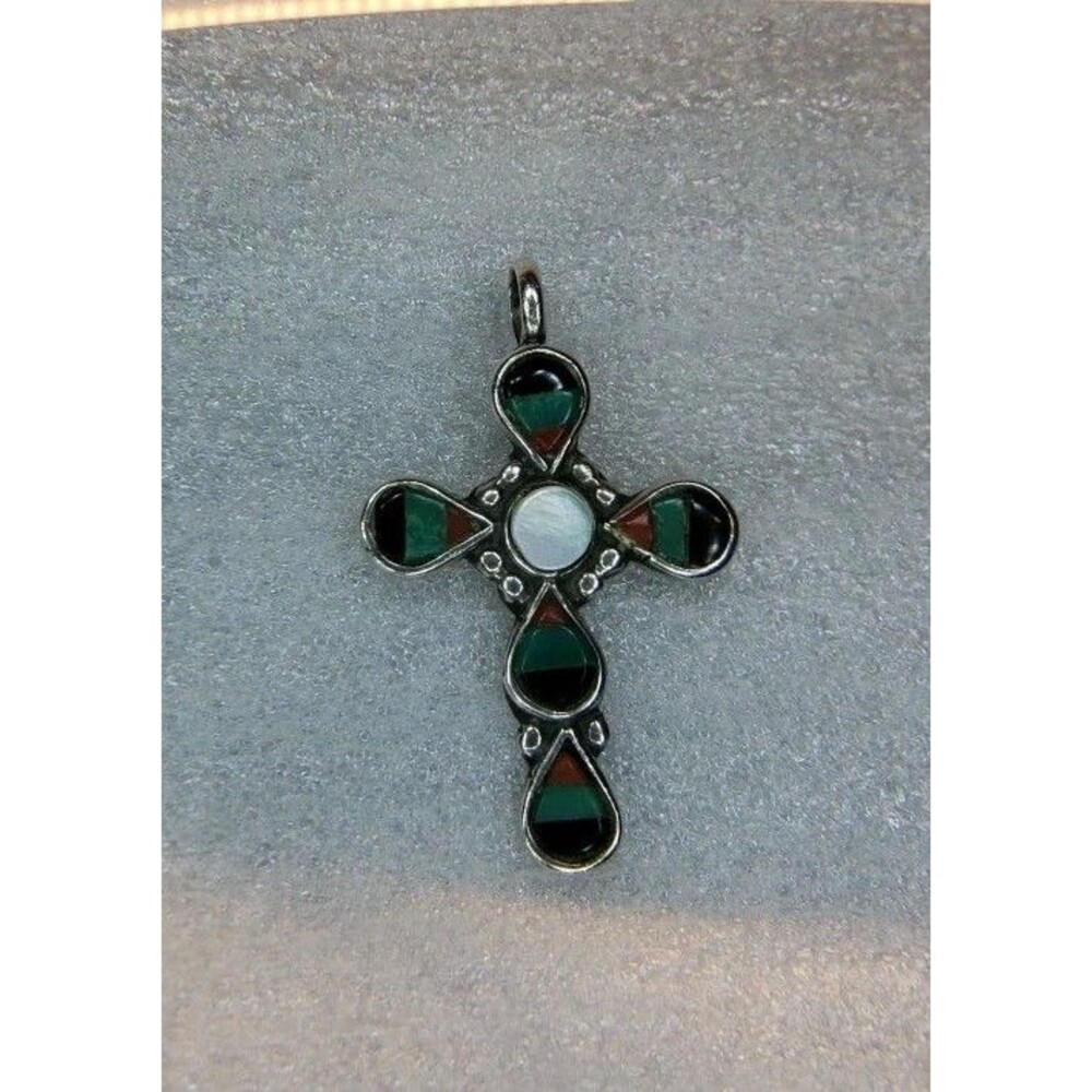 Zuni Cross Sterling Silver Multi Stone Inlay Pendant VTG